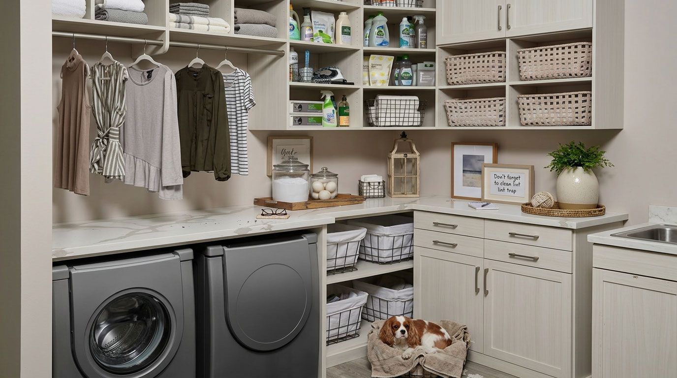 Neatly organized laundry room with washer, dryer, shelves, hanging clothes, and woven storage baskets.