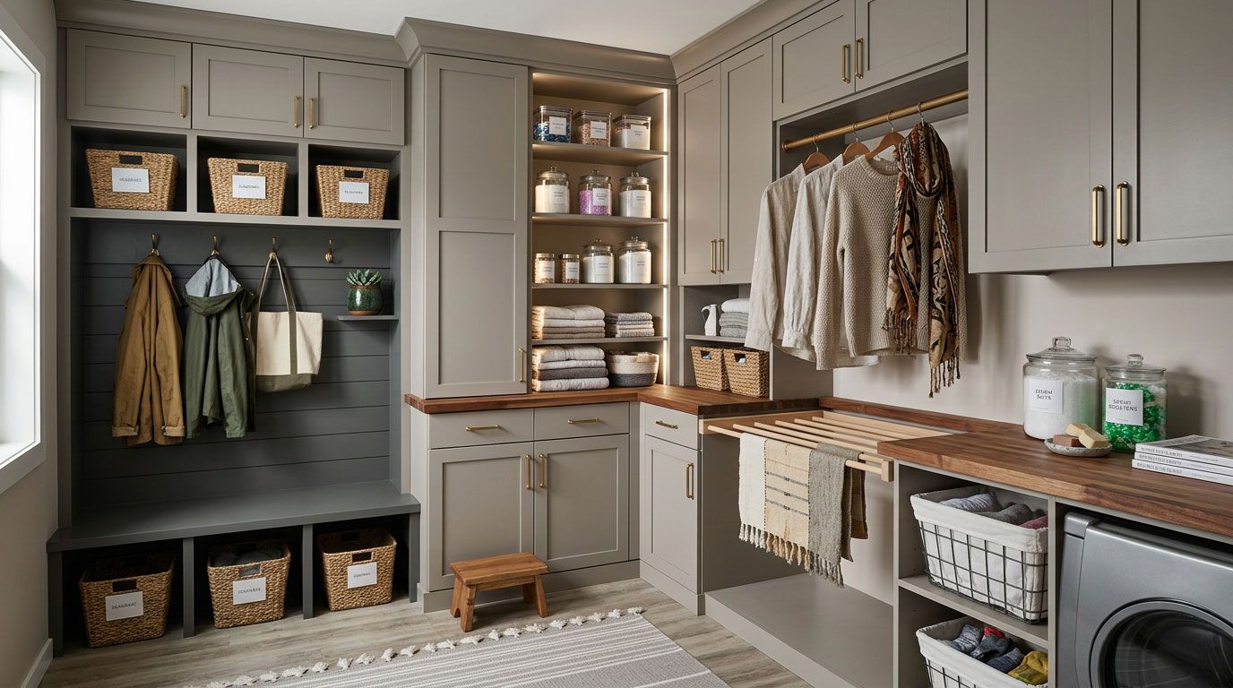 Built-in laundry room with gray cabinets, hanging clothes, wicker baskets, and a washer and dryer