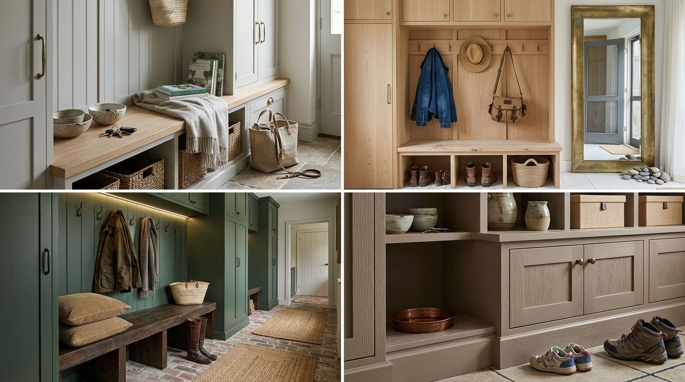Collage of rustic mudroom and entryway benches with built-in storage, hooks, baskets, and soft neutral tones