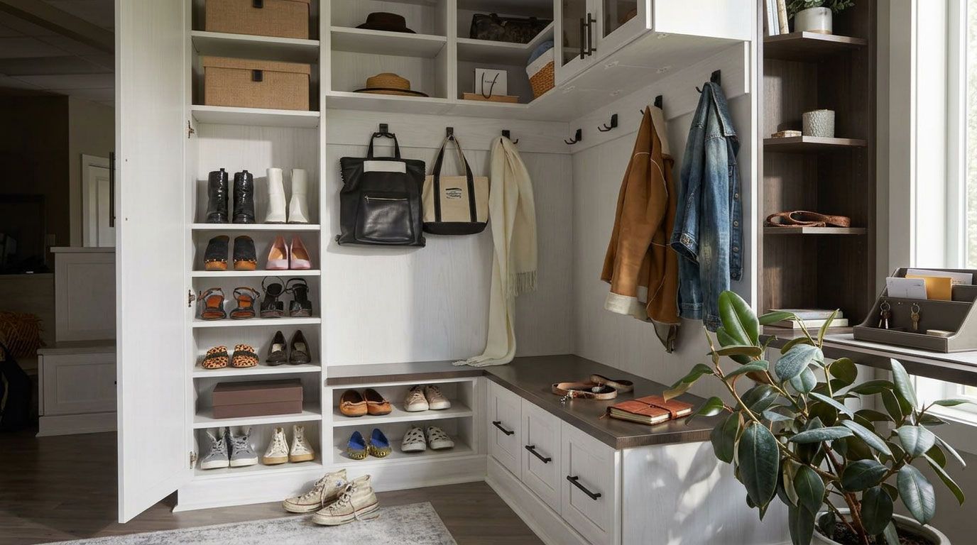 Open closet with white shelves, shoes, coats, and a bench in a tidy entryway.