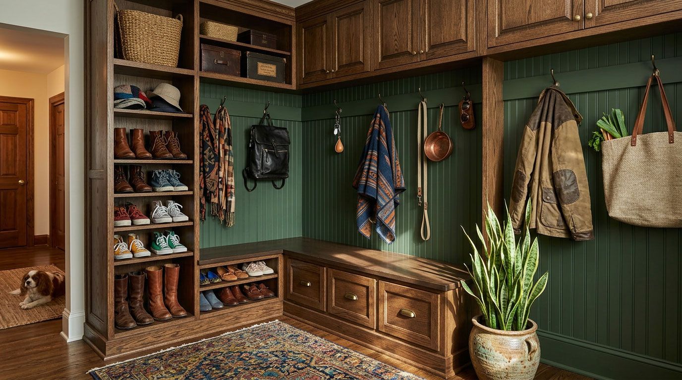 Rustic mudroom with green paneled walls, wooden benches, hooks, boots, coats, and a potted plant