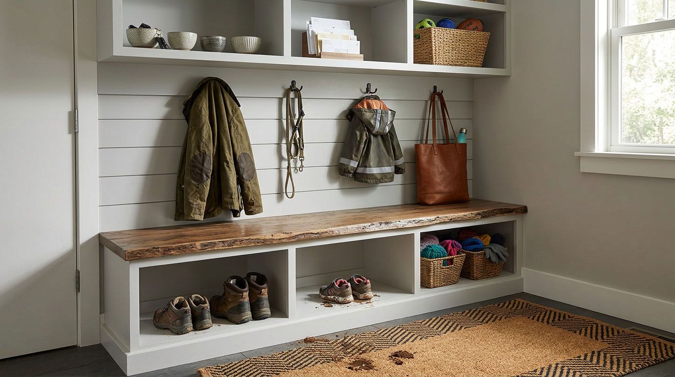 Mudroom bench with hooks, boots, baskets, and coats in a light gray entryway