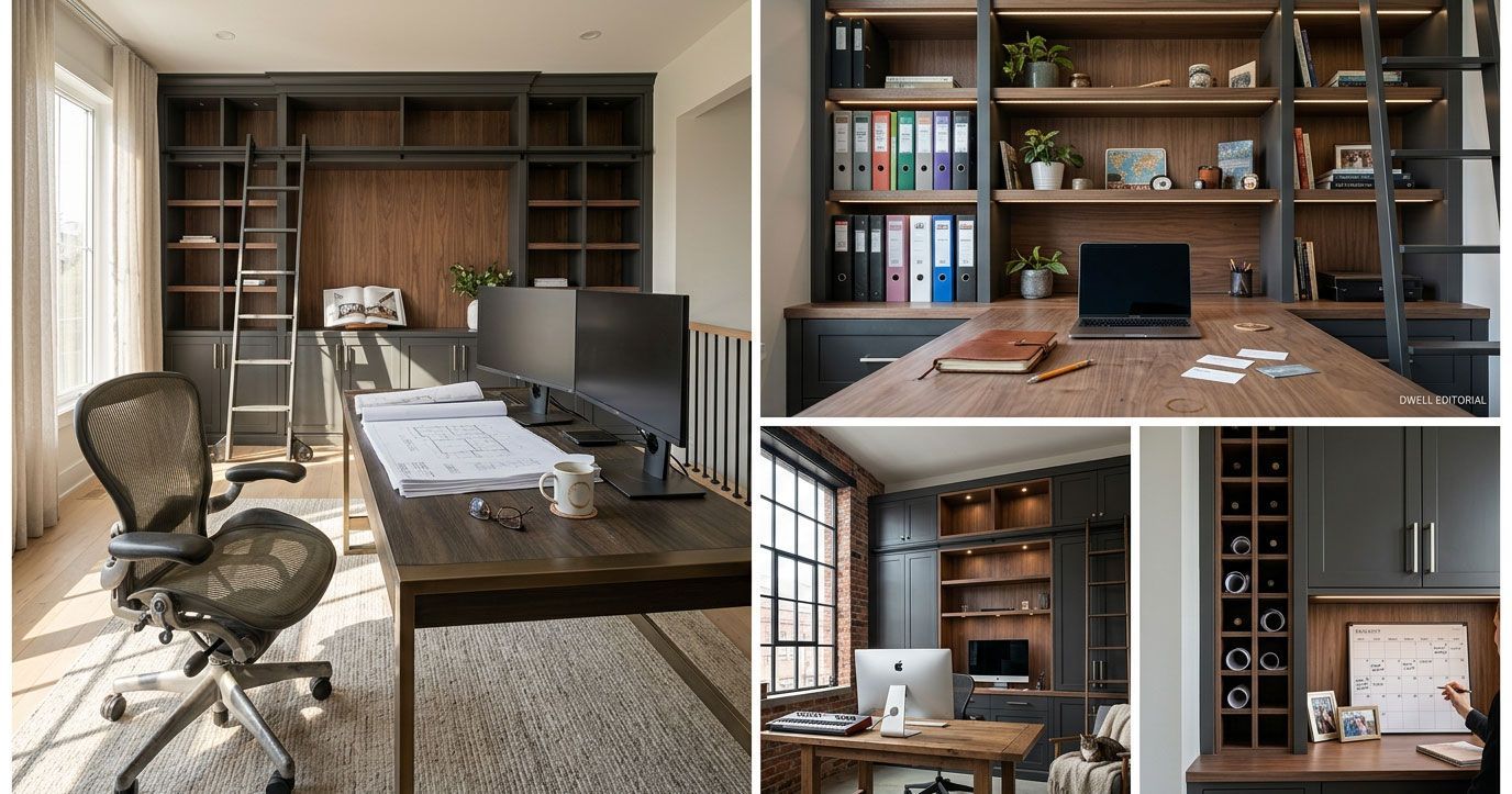 Modern home office with wooden built-in shelves, desk, computer, and large windows in a collage of views