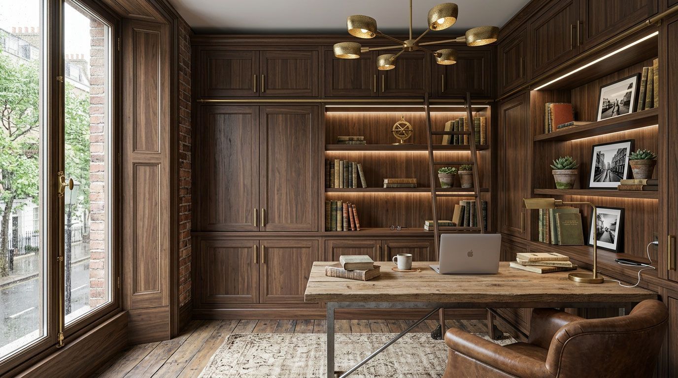 Wood-paneled home office with built-in shelves, a desk, laptop, and large window