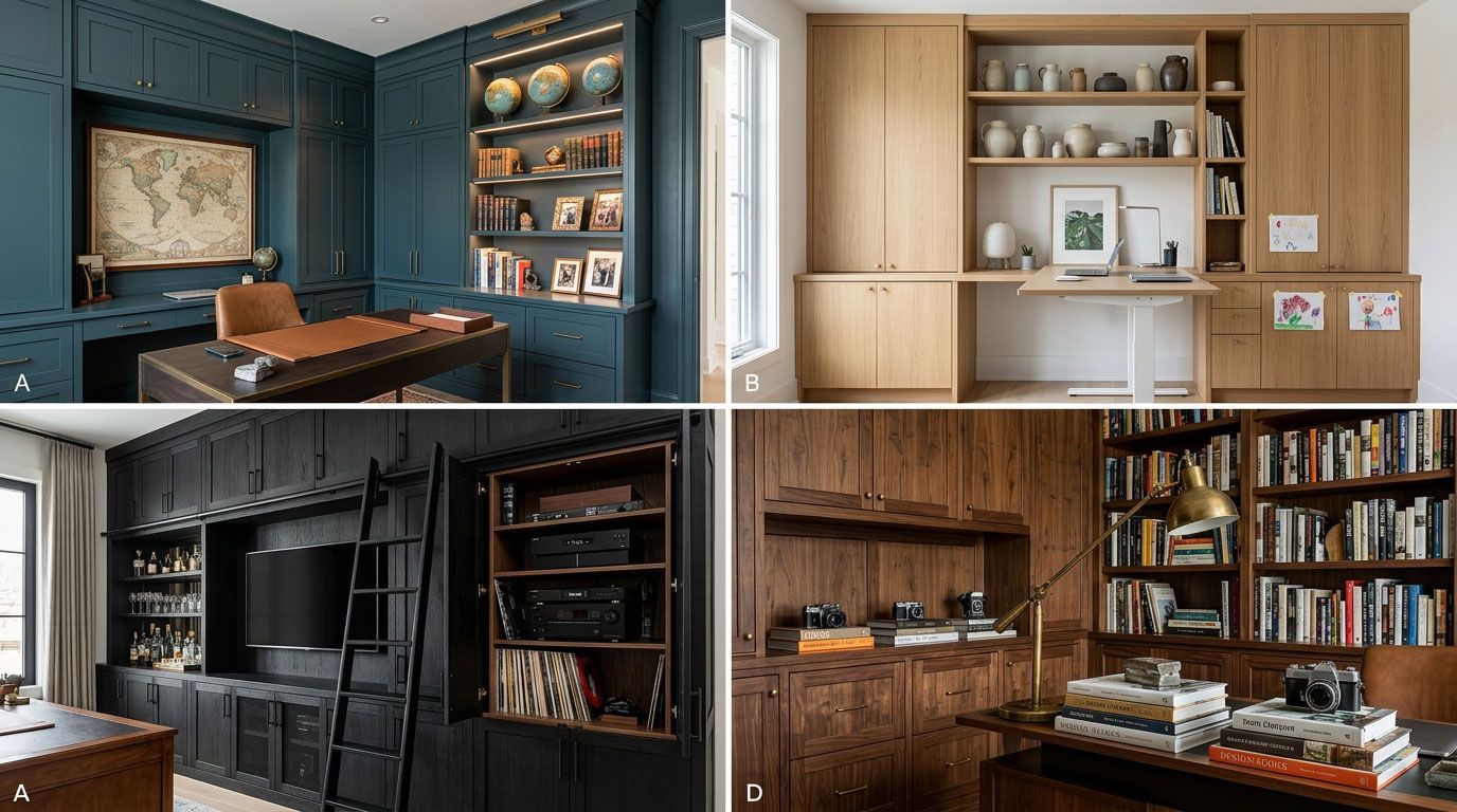 Four home office and library interiors with built-in shelving and desks in varied wood and dark finishes