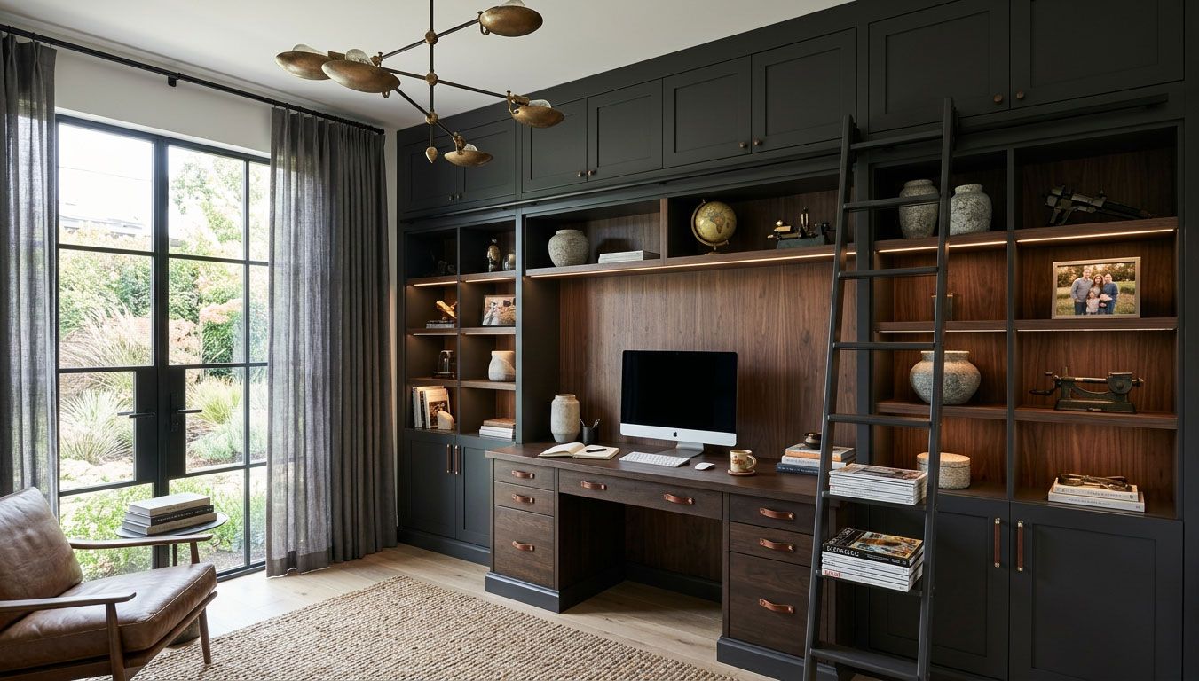Modern home office with dark built-in shelves, desk, computer, large window, and patterned rug