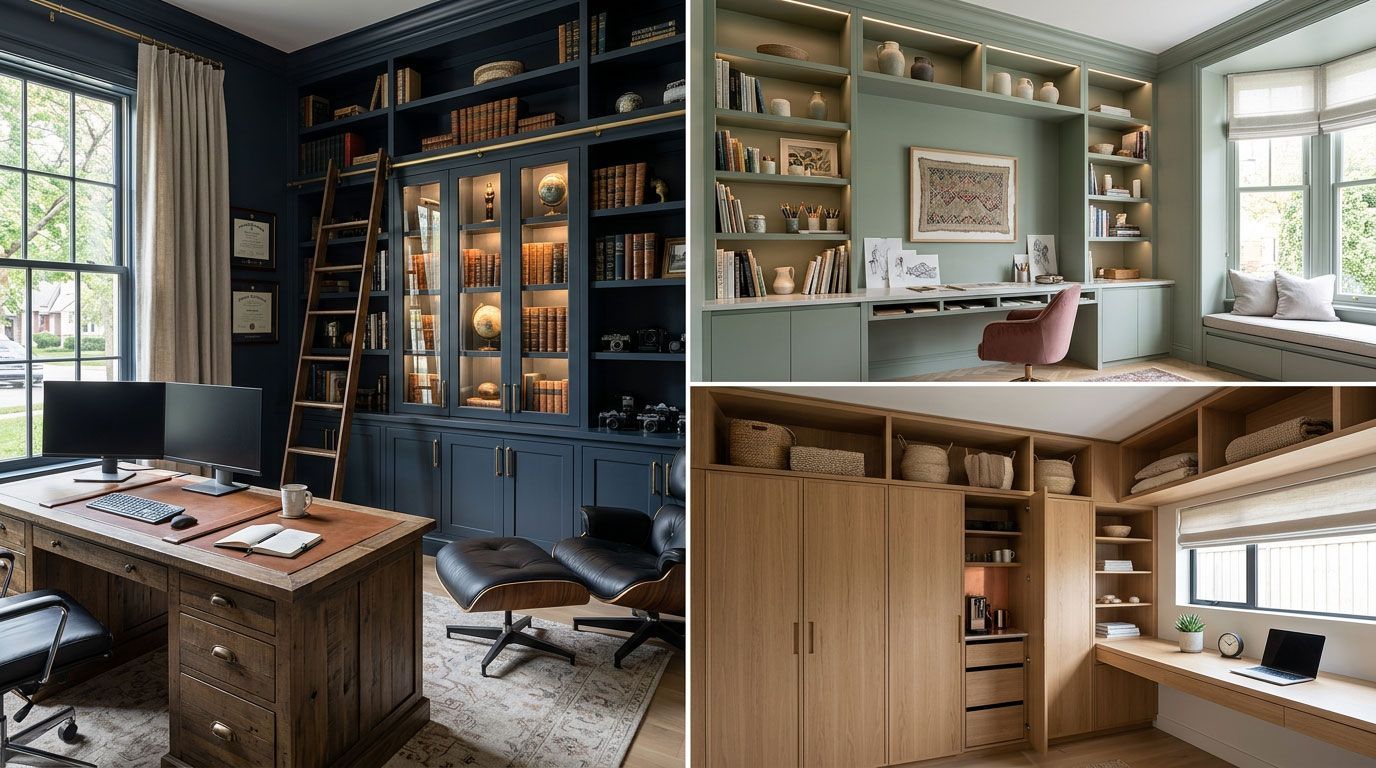 Three views of a modern home office with dark blue and wood shelving, desk, window seat, and built-in cabinets