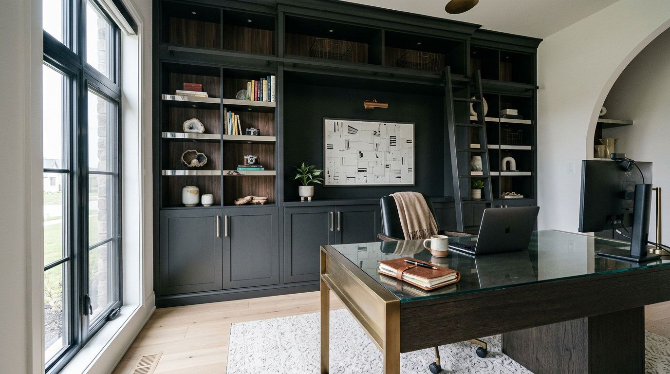 Modern home office with dark built-in shelves, a desk, and large windows with natural light