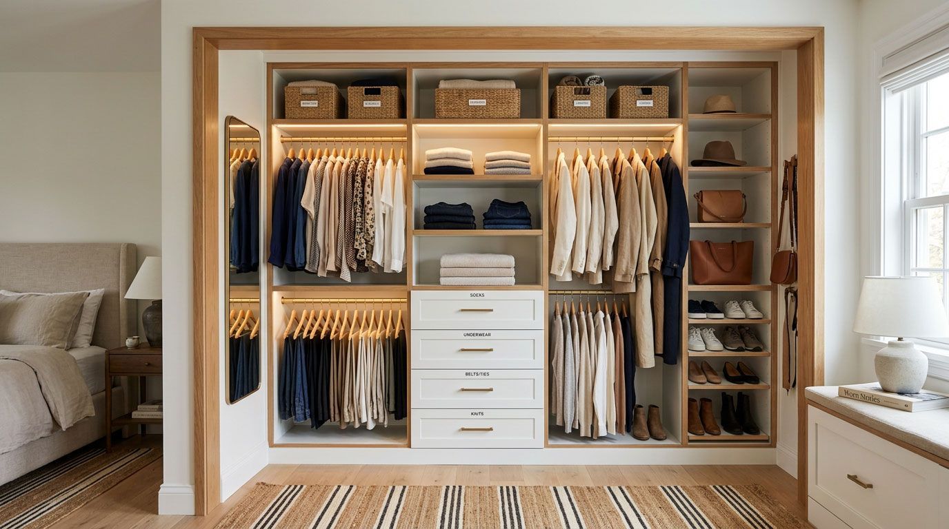 Built-in closet with neatly organized clothes, drawers, and shelves in a bright bedroom