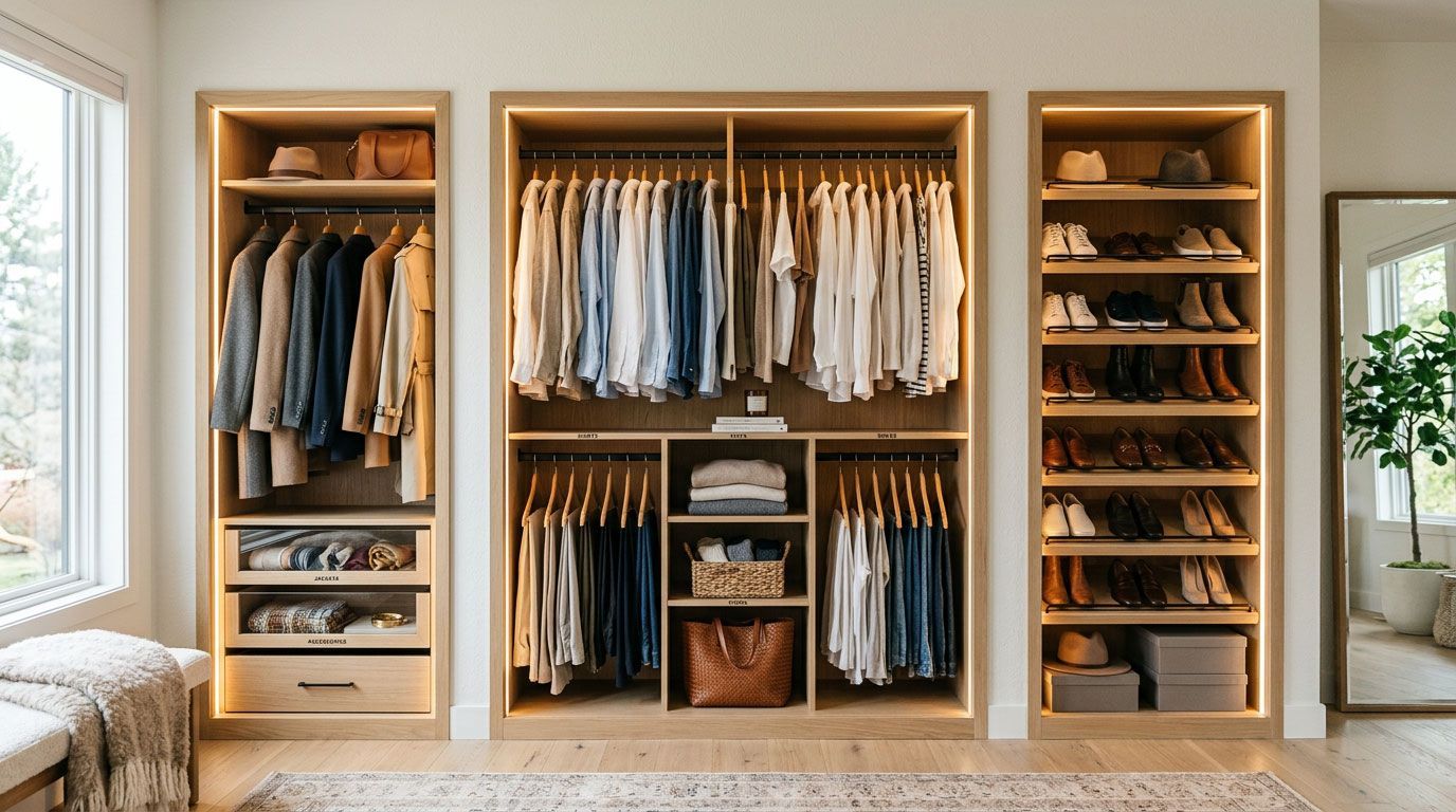 Open wooden closet with neatly organized clothes, shoes, and storage baskets in a bright room