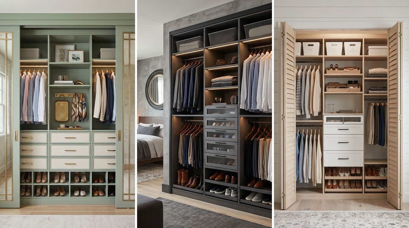 Three custom walk-in closets with shelves, drawers, hanging clothes, and shoe storage in different finishes.