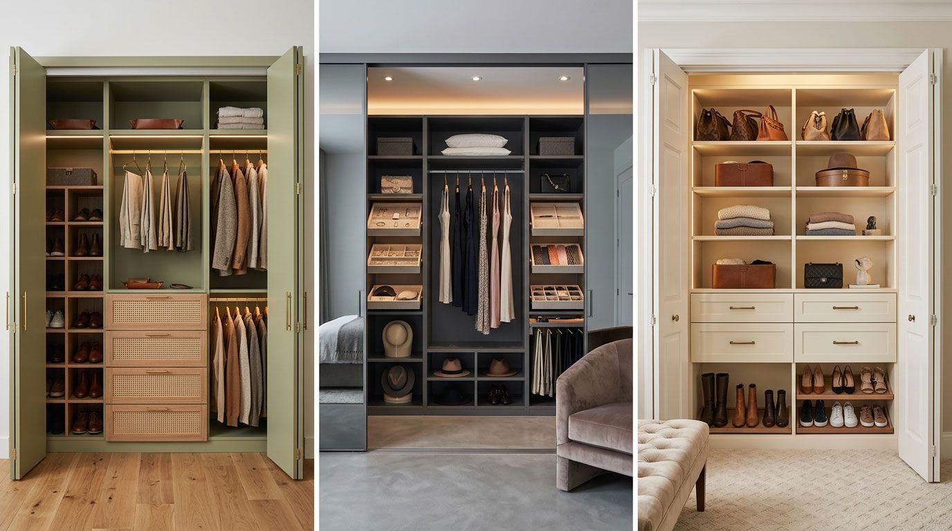 Three stylish built-in closets showing organized clothes, drawers, and shelves in neutral tones