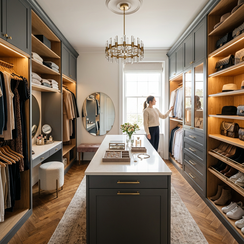 Luxury walk-in closet with gray cabinetry, central island, chandelier, and a person arranging clothes by a window