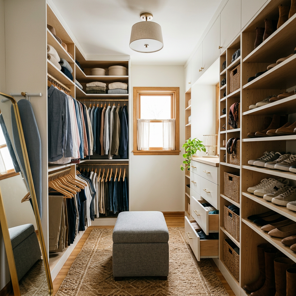 Bright walk-in closet with shelves, hanging clothes, shoes, a window, and a gray bench on a rug.