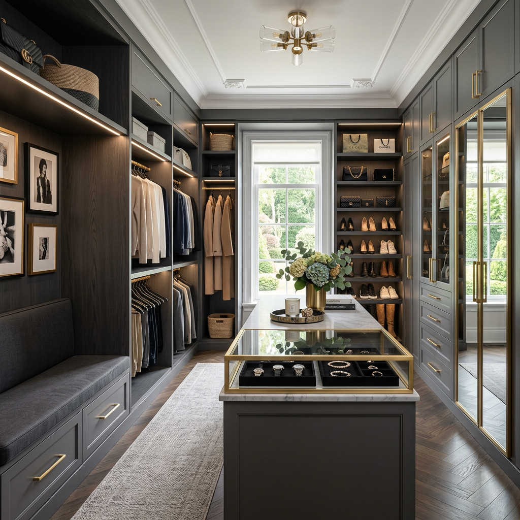 Elegant dark-gray walk-in closet with built-in shelves, mirrored doors, hanging clothes, and a central island