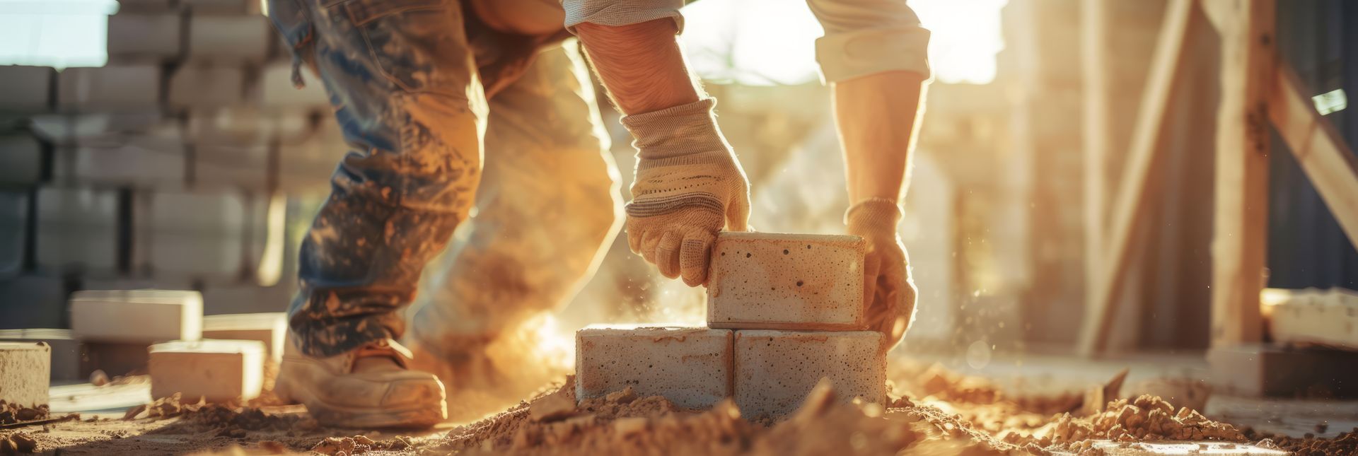 A construction worker is laying bricks on a construction site.