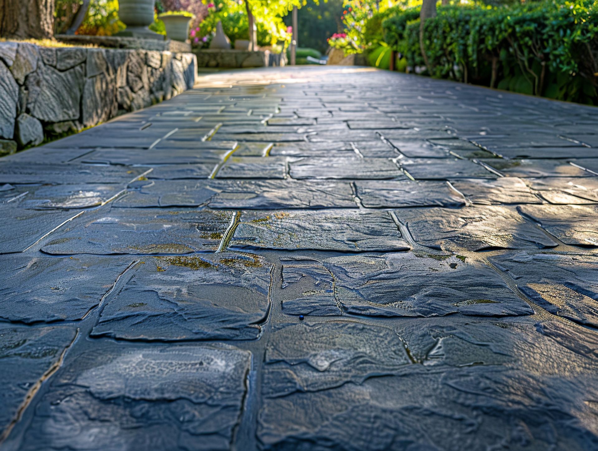 A stone walkway in a park with trees and bushes on both sides.