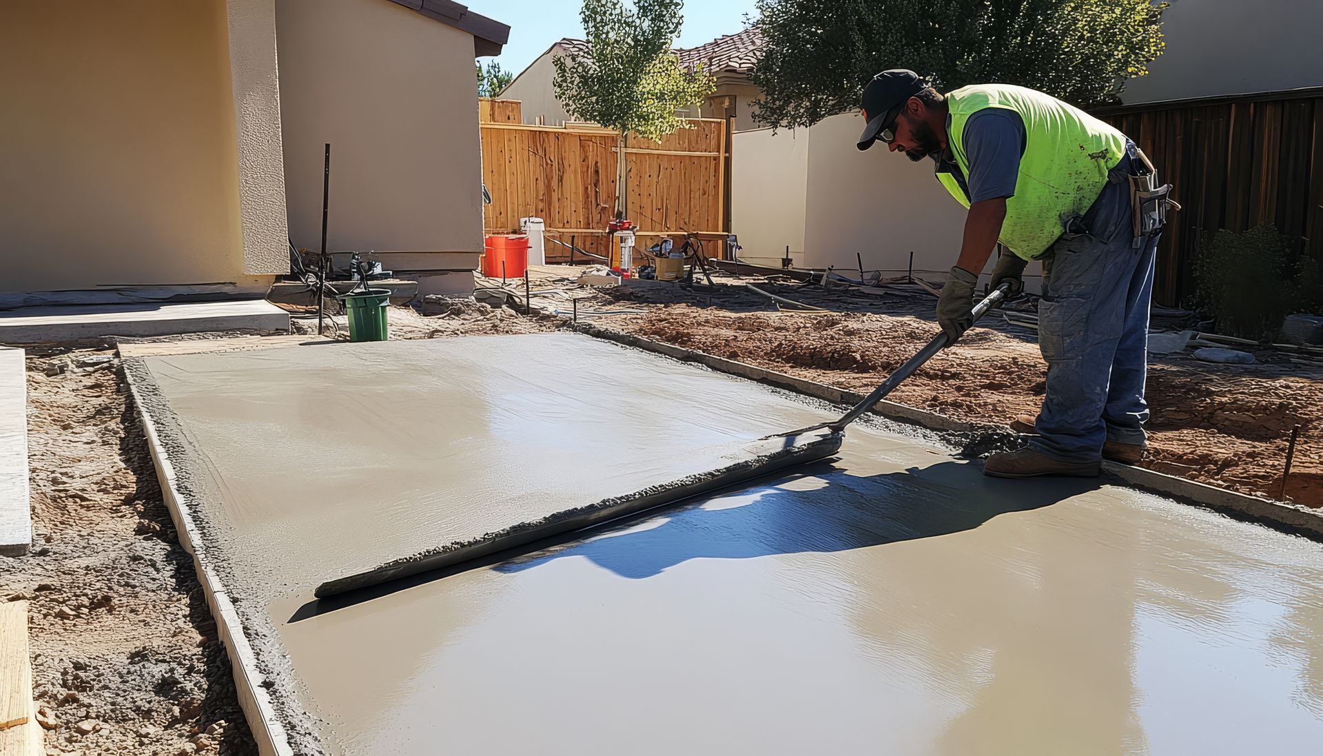 A man is spreading concrete on a sidewalk with a trowel.
