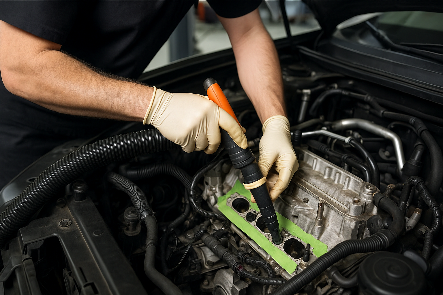 Mechanic using a tool to work on a car engine, wearing gloves.