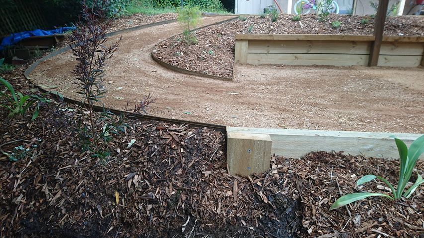 Curving gravel path with wooden edging in a garden, with mulch and small plants on either side.