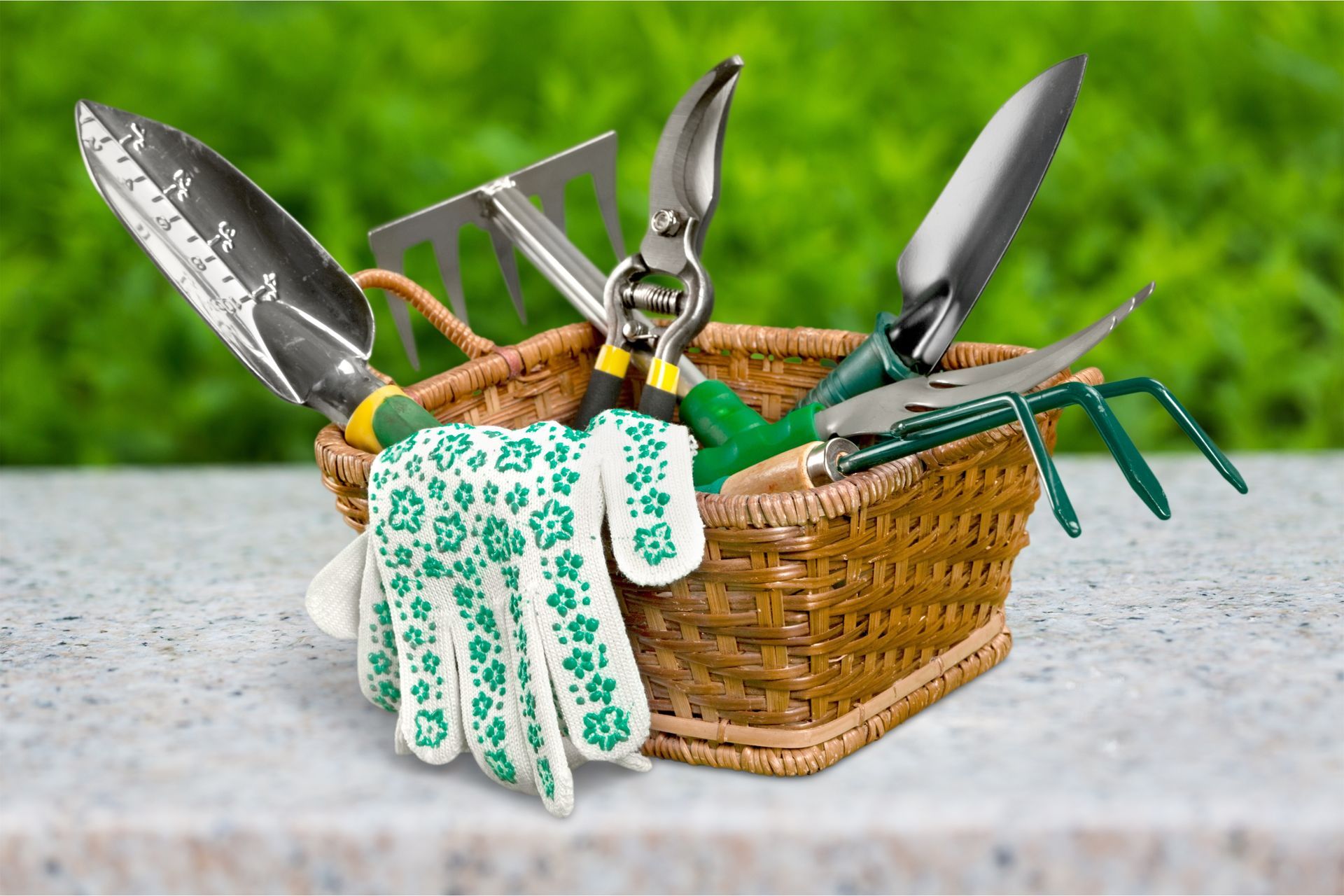 A group of gardening tools and gloves in a basket with greenery in the background. A group of gardening tools and gloves in a basket with greenery in the background.