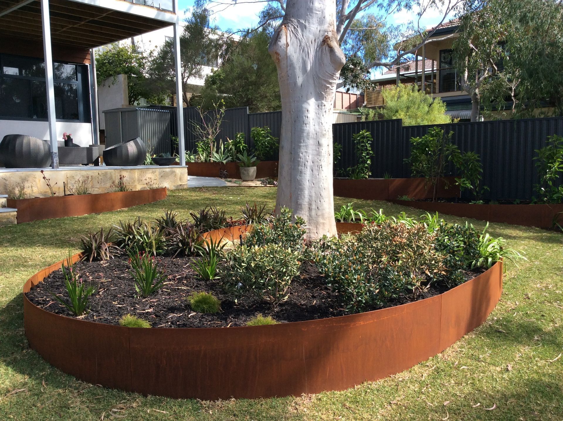 Rusty metal edging surrounds a tree base in a green lawn, with plants and a house in the background.