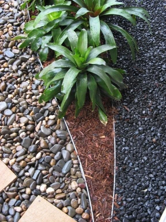Green bromeliads in a metal-edged garden bed with mulch, bordered by black and gray river rocks.