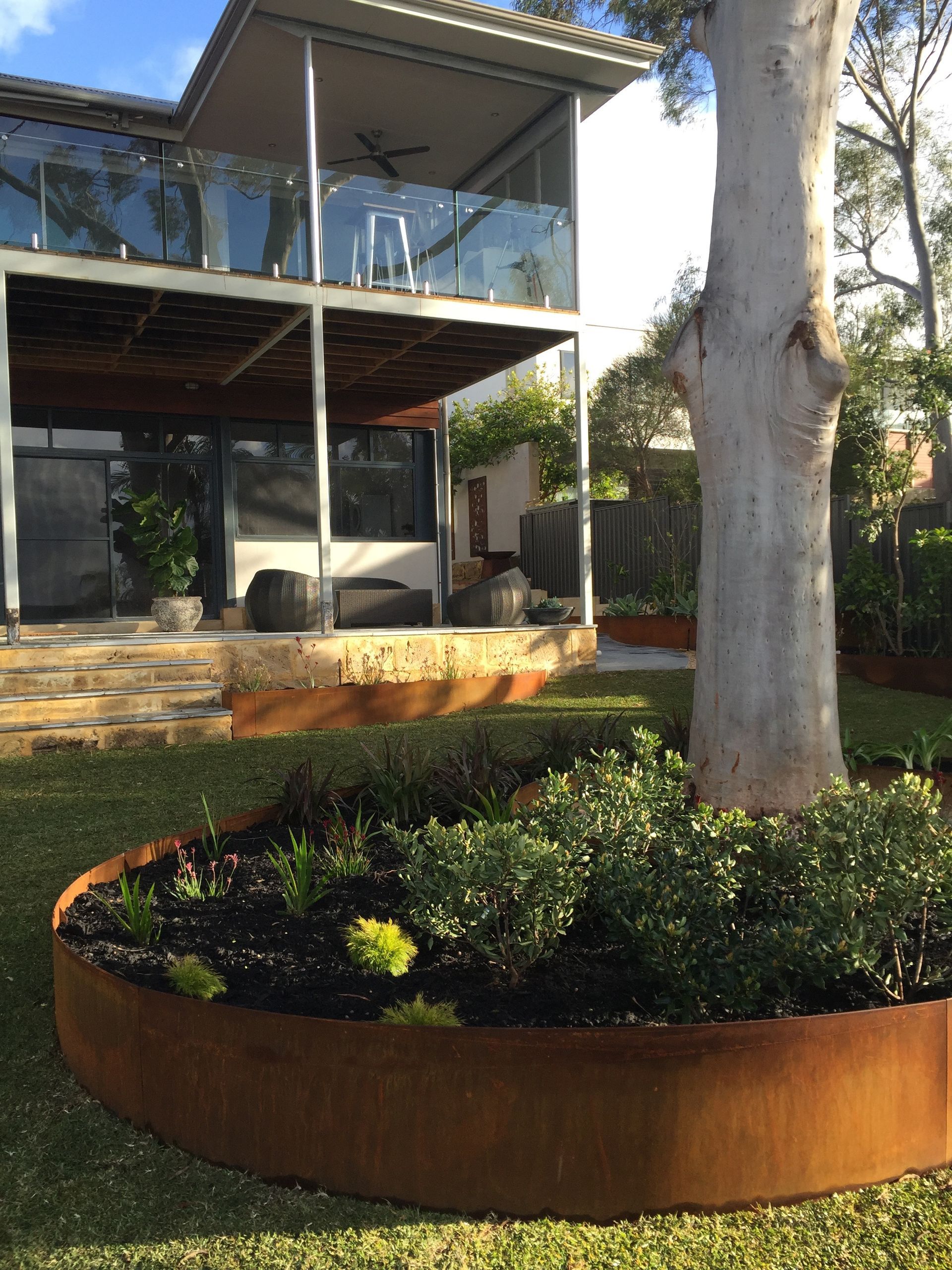 Backyard with raised garden beds surrounding a tree, modern house in background.