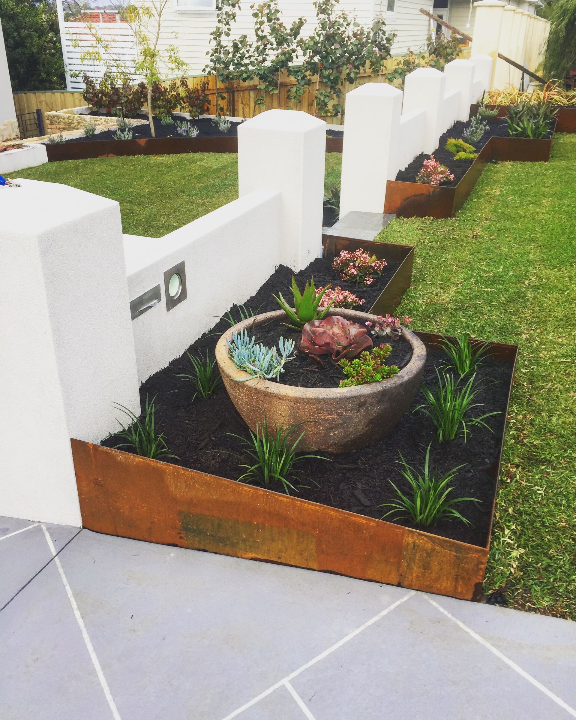 Lawn with raised planters along a low white wall. Succulents and other plants in rusty metal and stone containers.