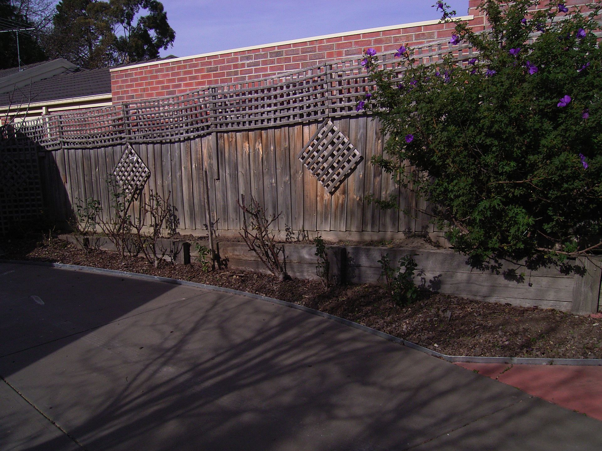 Wooden fence with decorative diamond patterns, adjacent to a brick wall and green bush.