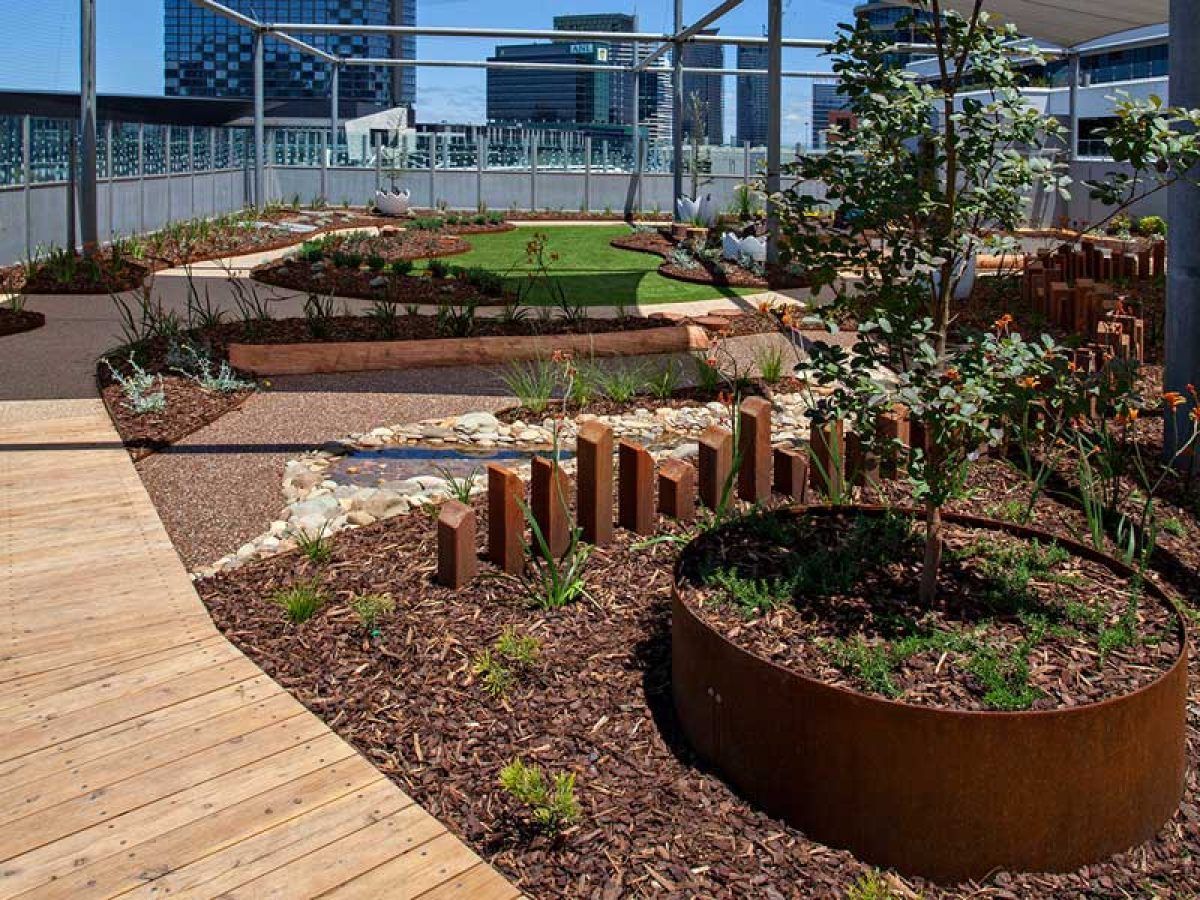 Rooftop garden with wooden walkway, mulch, steel edging, trees, and small patch of green grass; cityscape background.