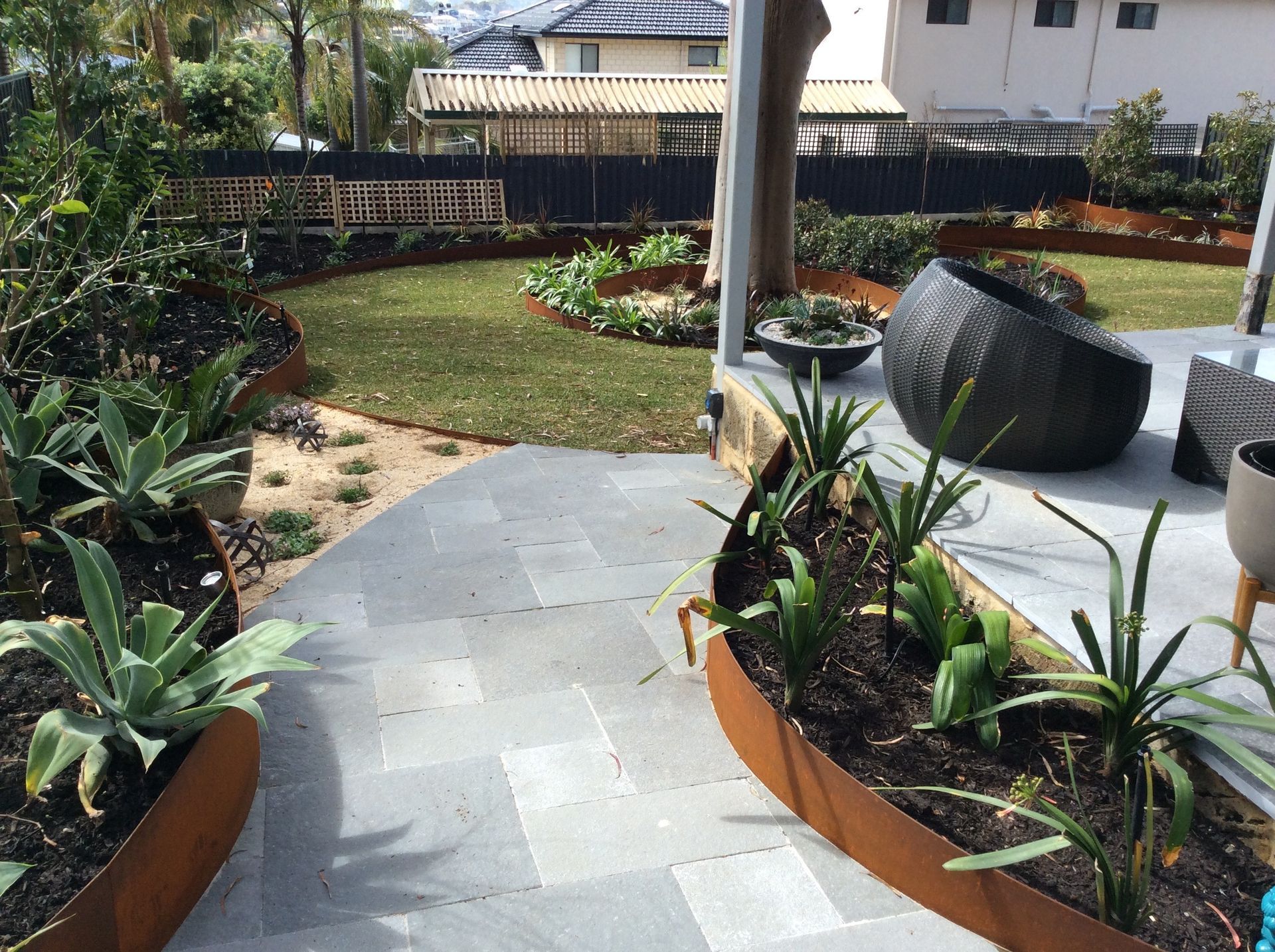 Backyard patio with gray pavers, curved beds, metal edging, lawn, and modern furniture.