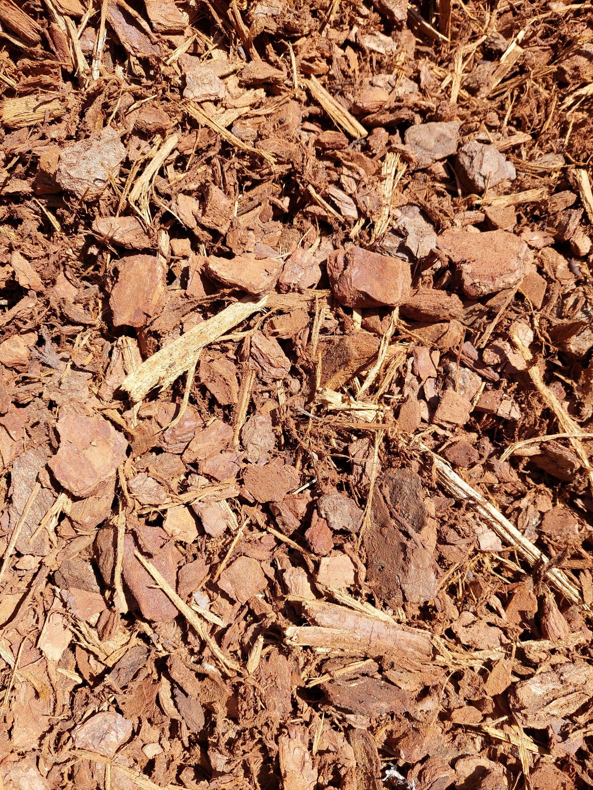 Close-up of brown mulch with varying textures and some straw-like material.