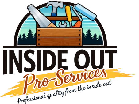 Logo for Inside Out Pro-Services featuring a wooden toolbox filled with tools over a forest silhouette against a blue sky.