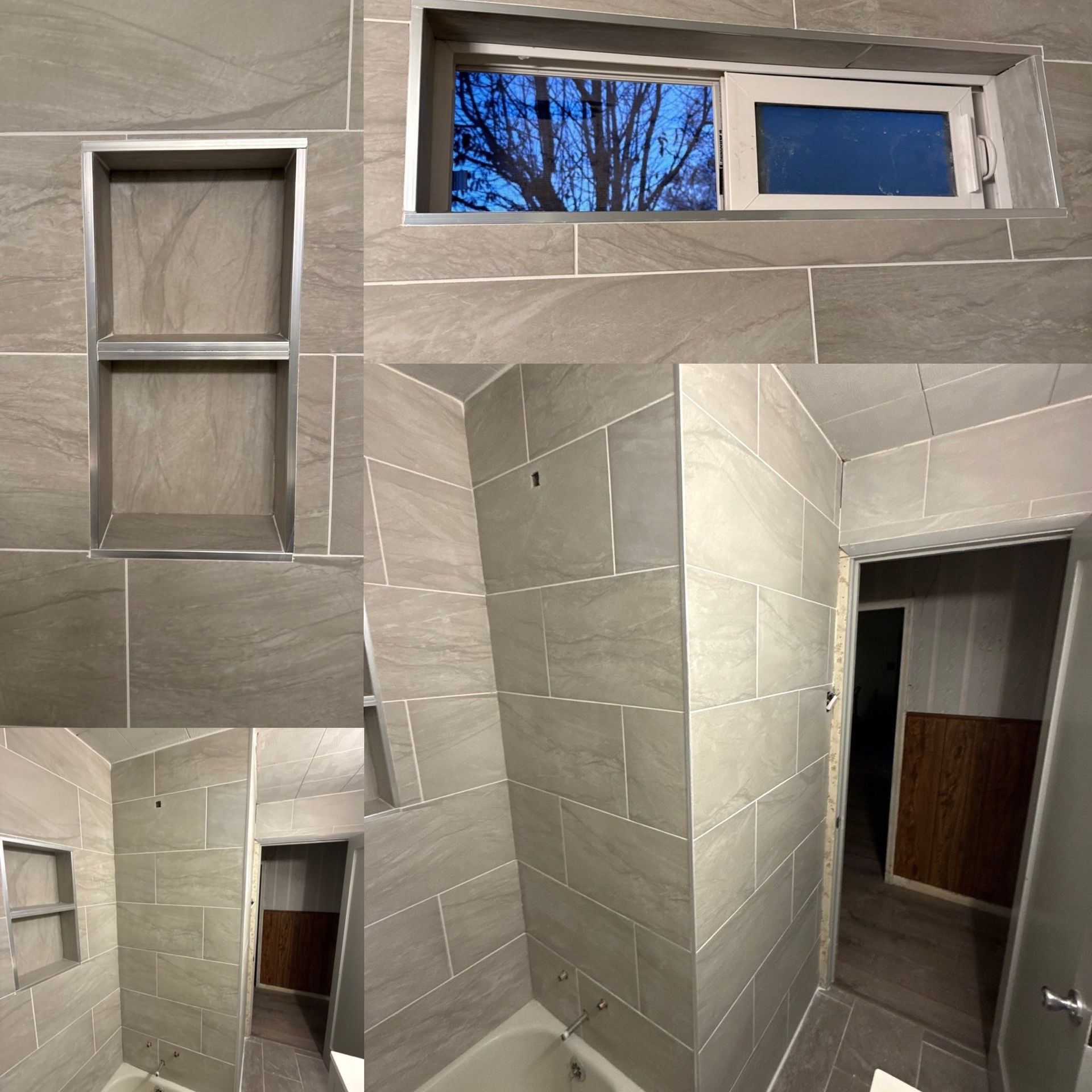 A composite view of a bathroom showing a tiled shower, a built-in recessed shelf, and a rectangular window.