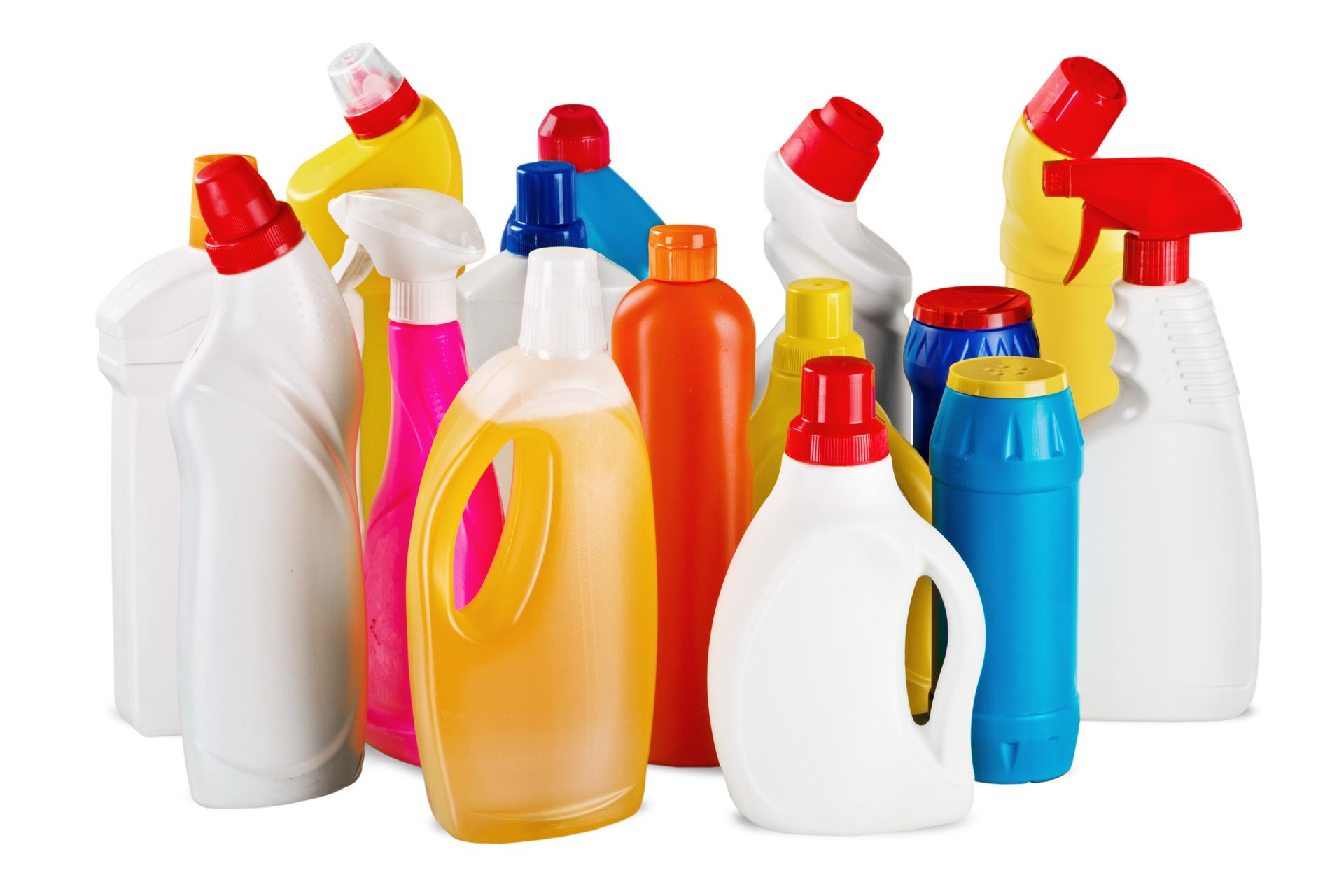 A group of cleaning supplies are lined up in a row on a white background.