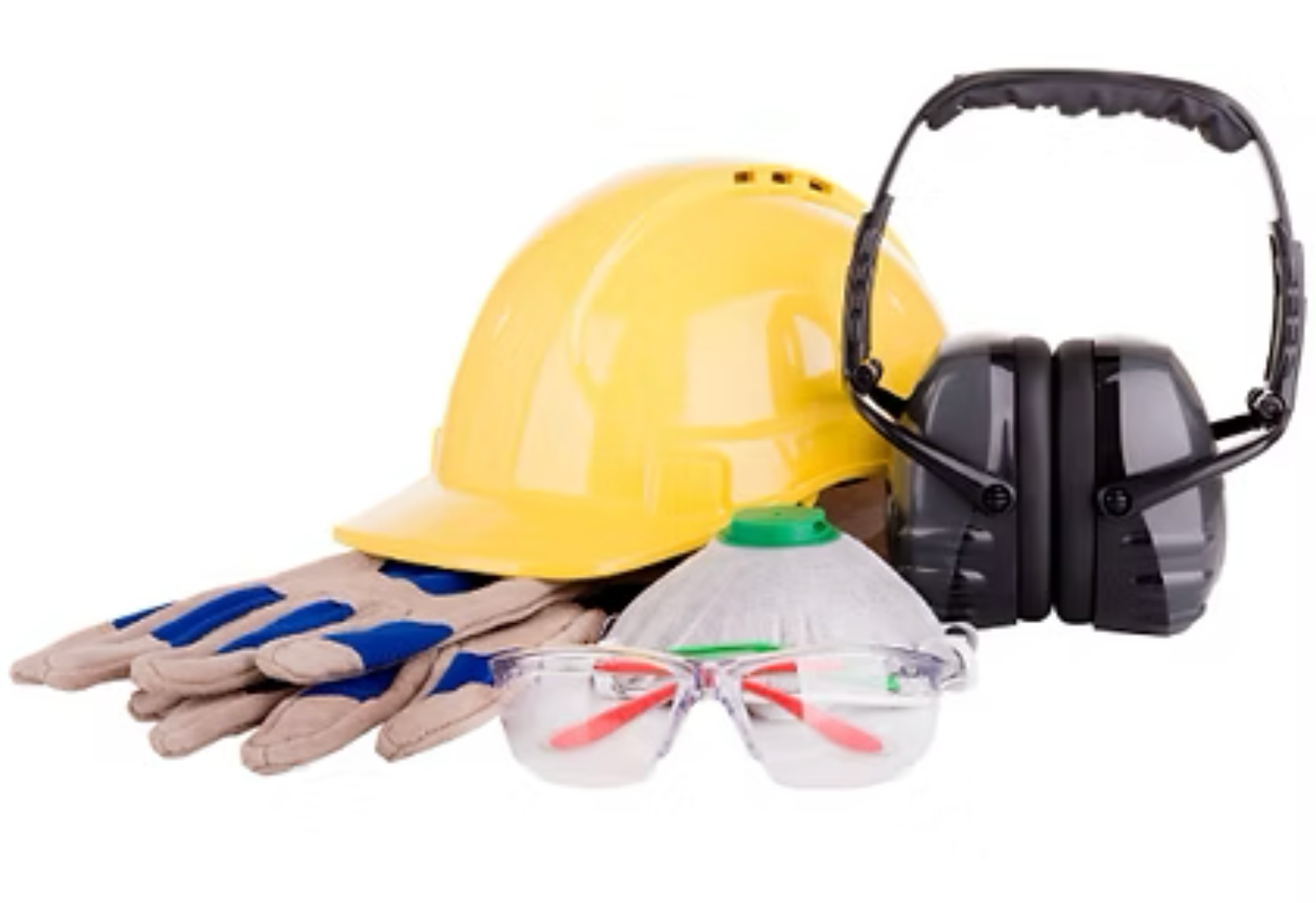 A hard hat , gloves , ear muffs , safety glasses and ear plugs on a white background