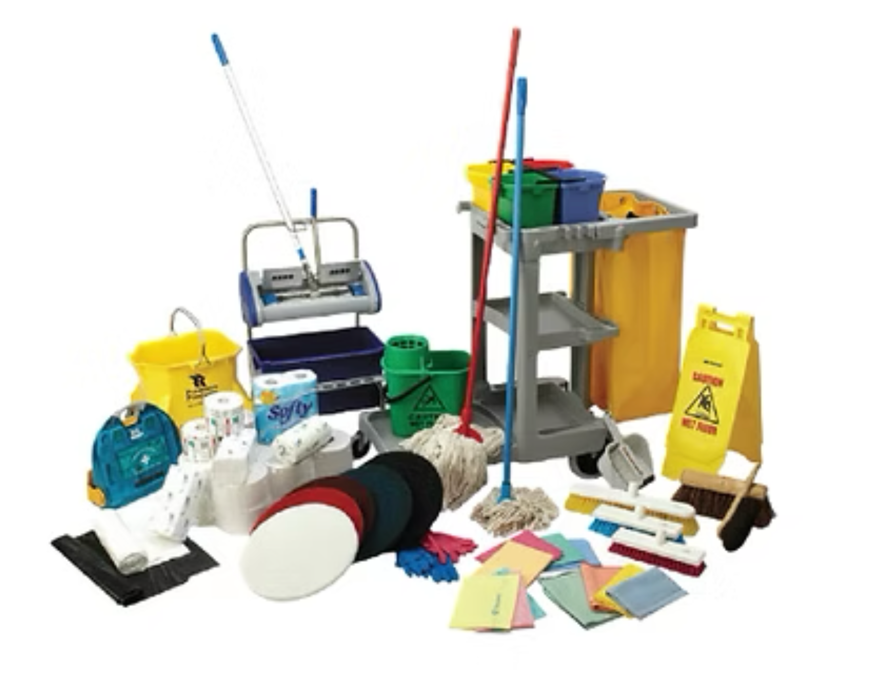 A bunch of cleaning supplies including a mop and buckets
