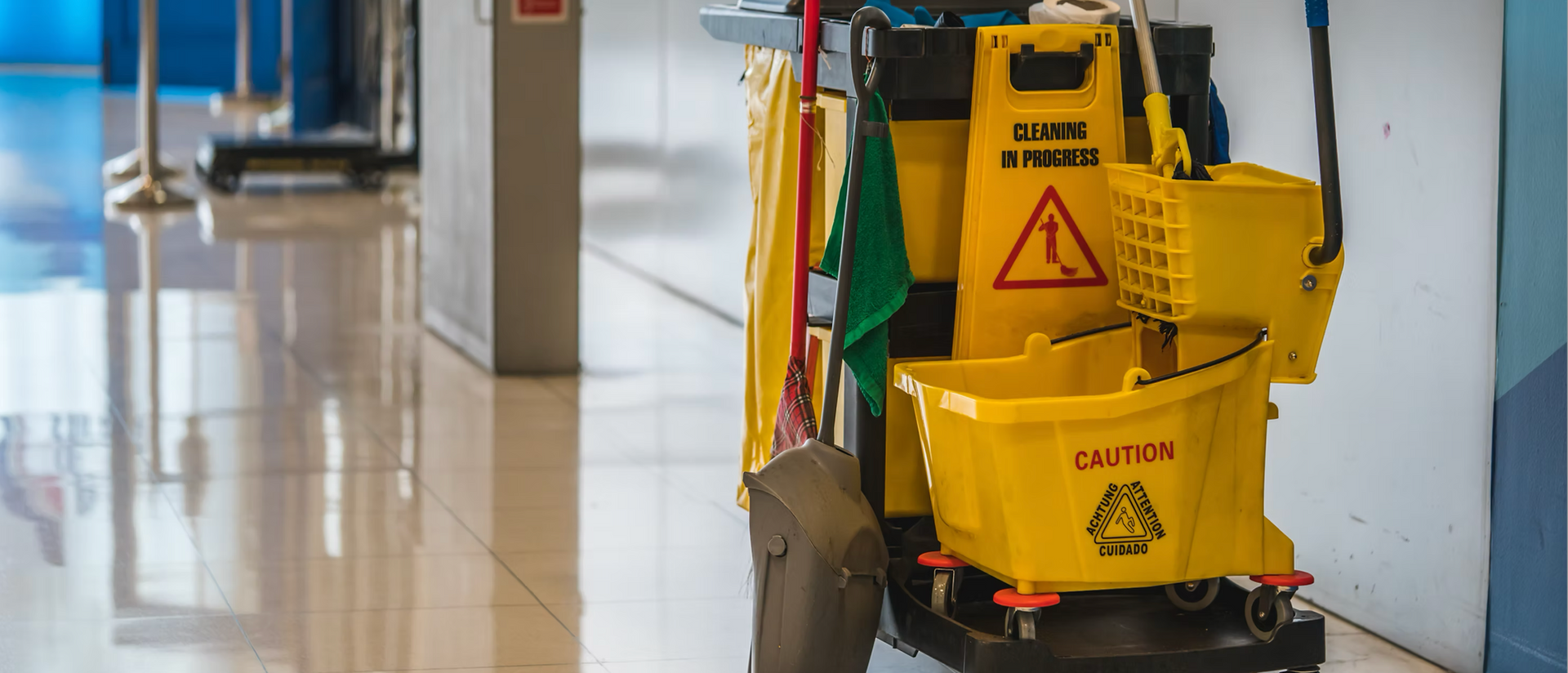 A yellow mop and bucket are sitting in a hallway.