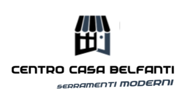 Logo per Centro Casa Belfanti, con icona della vetrina in nero e grigio e la scritta 