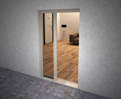 Porta scorrevole in vetro che conduce a una stanza moderna con pavimento in legno, sgabello e divano.