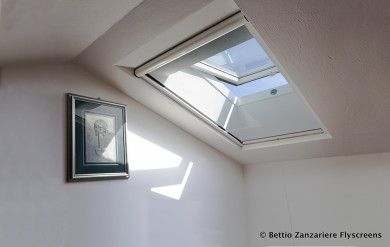 Un quadro incorniciato su una parete bianca, sotto un lucernario che lascia filtrare una luce solare intensa.