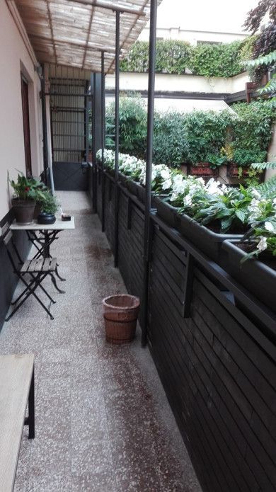 Stretto passaggio esterno coperto con piante in vaso, ringhiera nera e un tavolino con sedia sul lato sinistro.