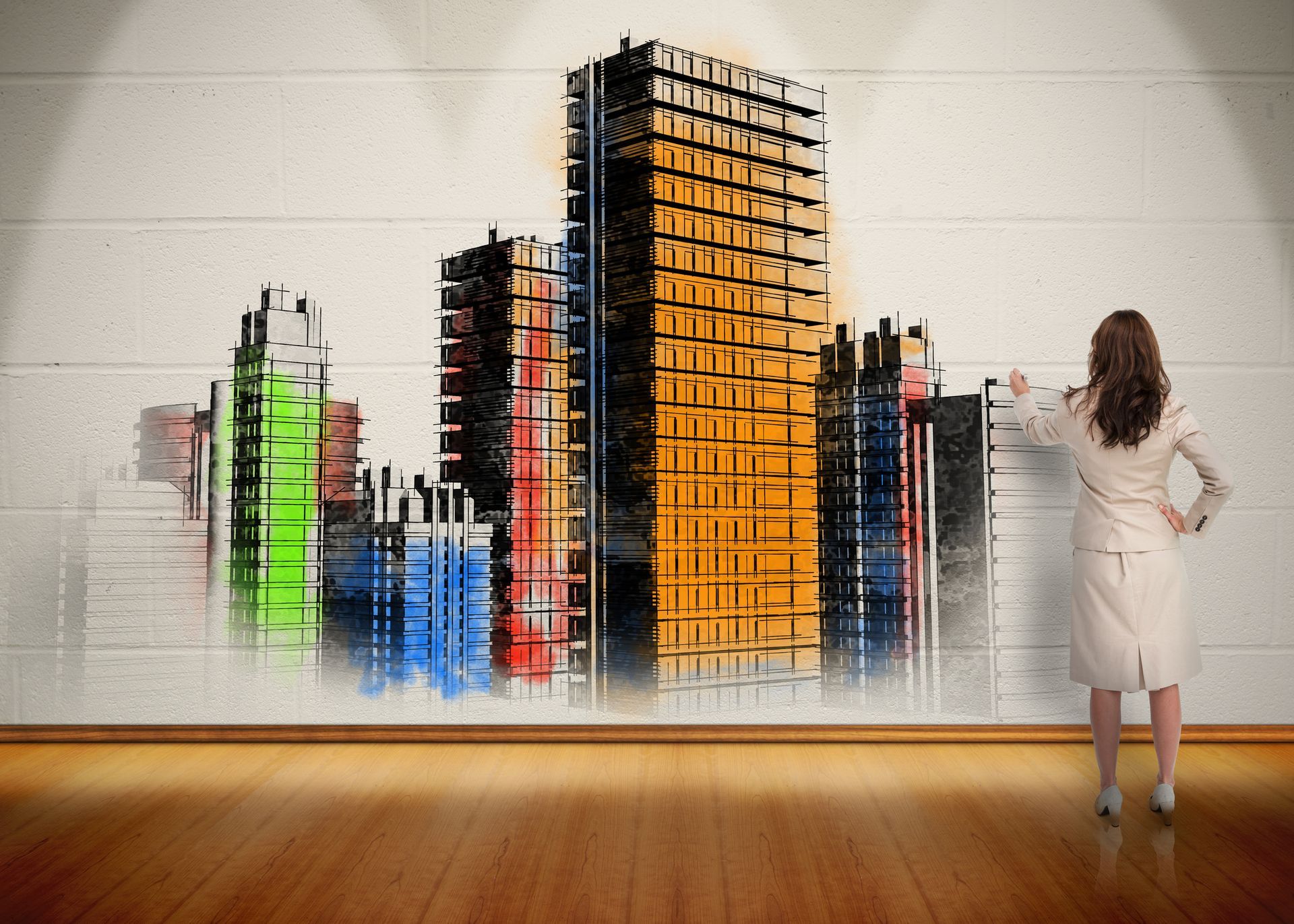A woman painting green on a cityscape canvas. Green paint splatters, buildings, and a plain background. A woman painting green on a cityscape canvas. Green paint splatters, buildings, and a plain background.