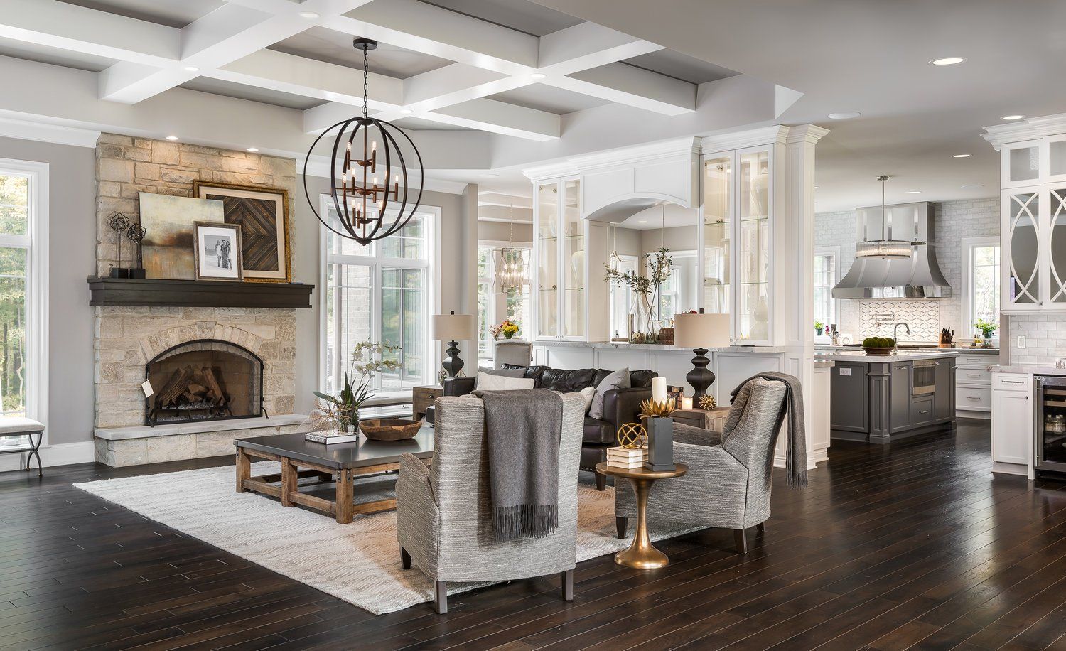 A living room filled with furniture and a fireplace.