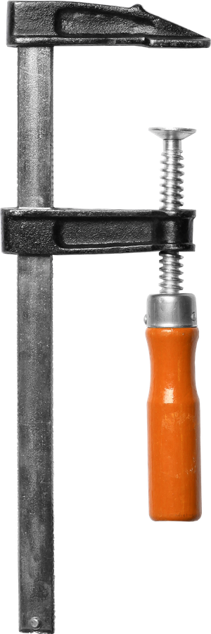 A metal F-clamp with a gray bar, black cast-iron jaws, and a wooden orange handle.