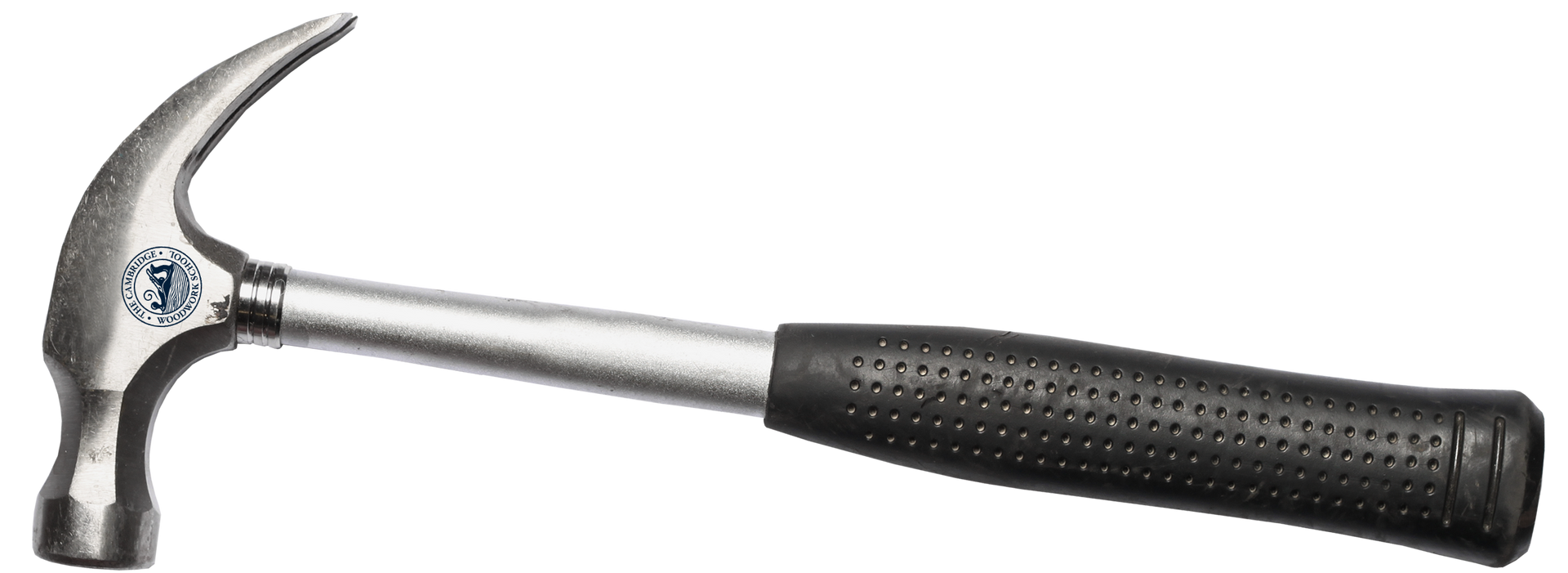 A silver claw hammer with a black textured rubber grip against a white background.