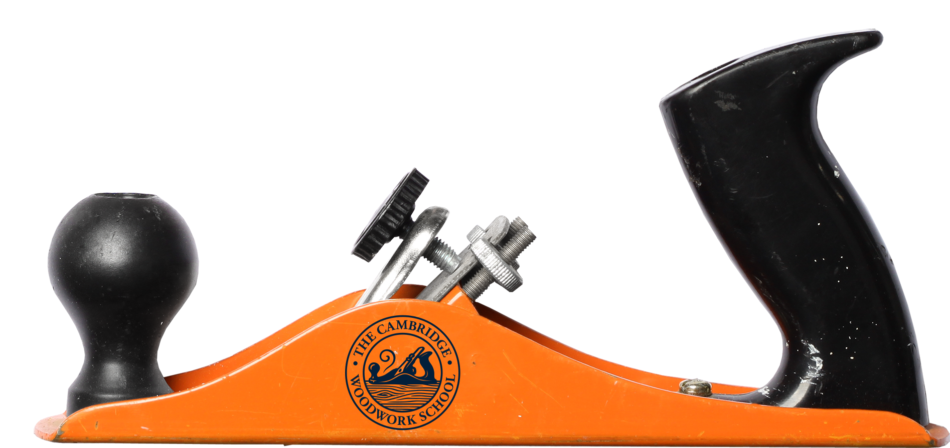 A side view of a manual orange woodworking plane with a black handle and knob, set against a white background.