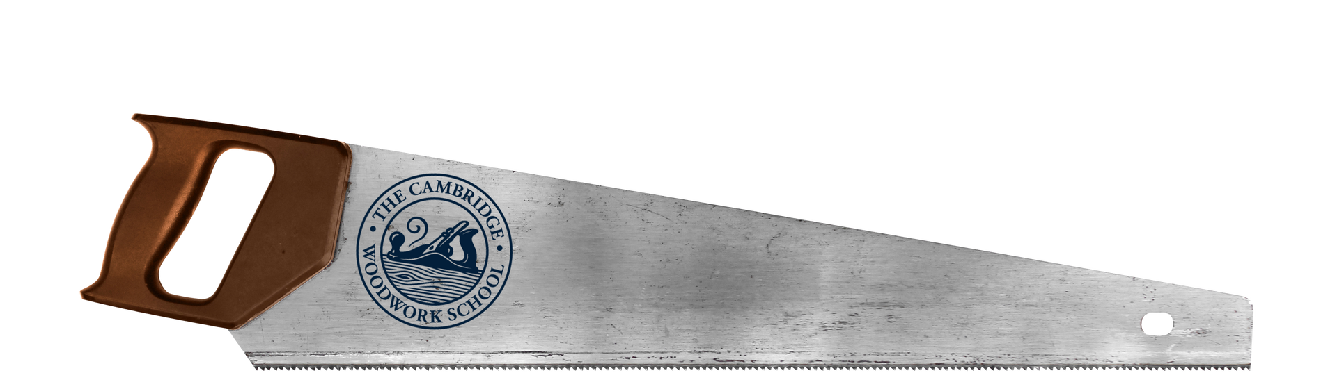 A handsaw with a brown handle and a circular blue logo stamped on the steel blade.