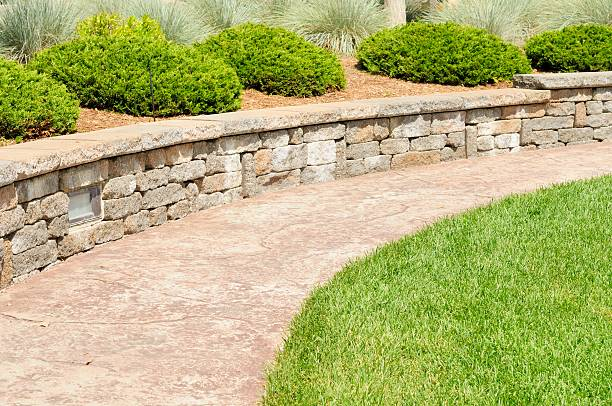 There is a stone wall along the side of the path.